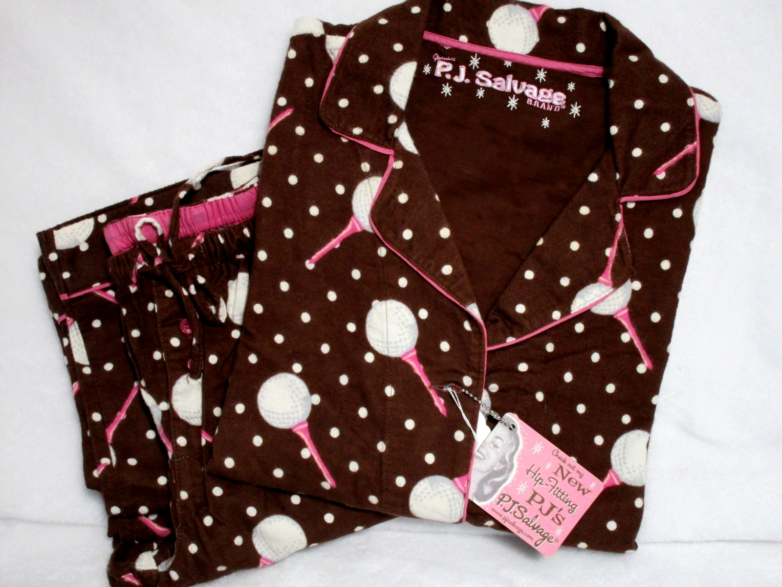 PJ SALVAGE 100% COTTON FLANNEL PAJAMA SET  BROWN/ MULTI  GOLF THEME SZ. M NWT *