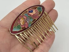 Vintage Cloisonne Rose Enamel Hair Comb Single Gold Tone