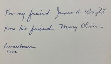1972 River Styx, Ohio 1st Edition INSCRIBED by Mary Oliver to Poet James Wright