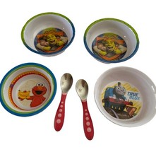 Vintage Toddler Feeding 4 Plastic Bowls Shrek, Elmo, Thomas 2 Gerber Spoons