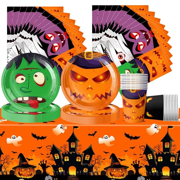 Halloween Partygeschirr Set KüRbis-Emoji Horror-Zombie Teller Tassen 61 StüCk-image