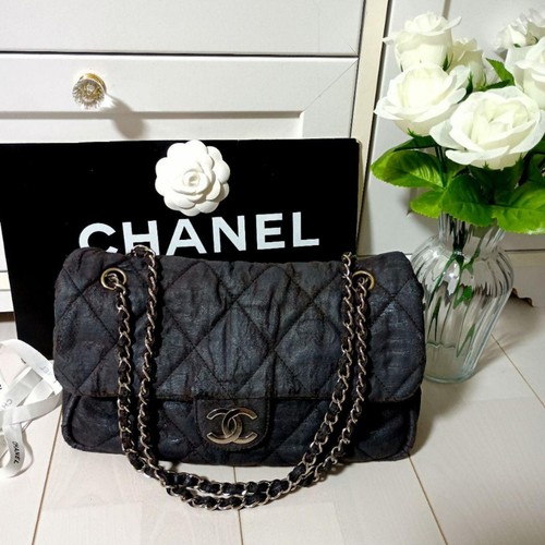 CHANEL Matelasse Quilted Flap Chain Shoulder Bag Black Canvas CC Silver Italy