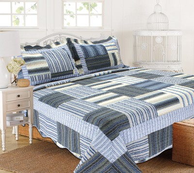 J&V Textiles 3 Piece Cotton Blend Reversible Quilt Set Blue Size King