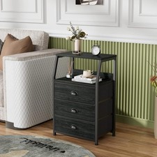 Bedside Table with 3 Fabric Drawers & Wooden Top,Small Dresser for Bedroom,Black