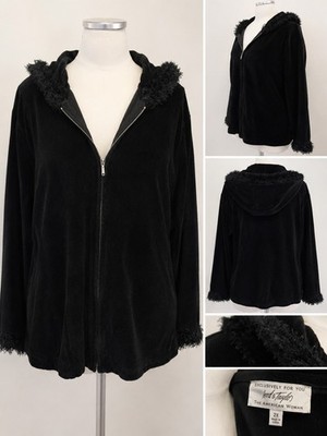 NWT Lord & Taylor Women's 2xl Black Velour Zip  Eyelash Trim Hooded  Jacket 