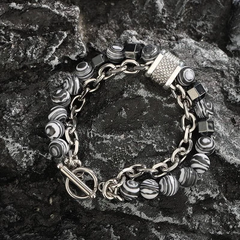 Brazalete de Malaquita Piedra Natural Nueva Moda Cuentas de Metal Hip Hop Nueva Tendencia Foto 3 de 4