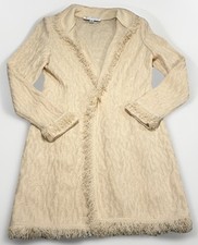 St. John Beige Fringe Knit Long Cardigan Jacket Open Front Size 2 Made In USA