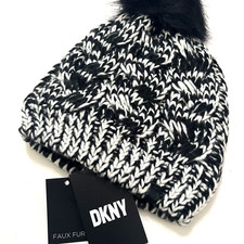 NWT DKNY Chunky Knit Pom Pom Beanie Hat Black White Faux Fur Lined Winter