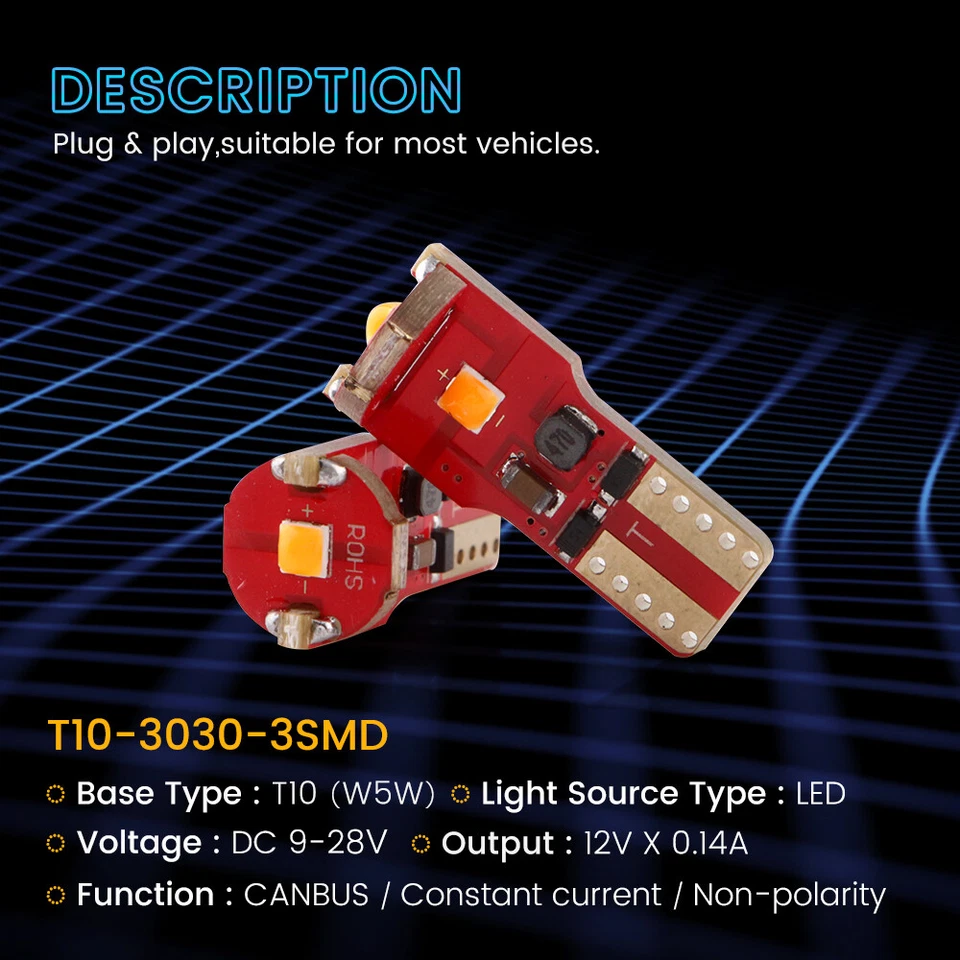 10Pcs Error Free T10 W5W 921 912 194 168 3030 3SMD Canbus LED Light Bulb 12V 24V - Image 2 of 4