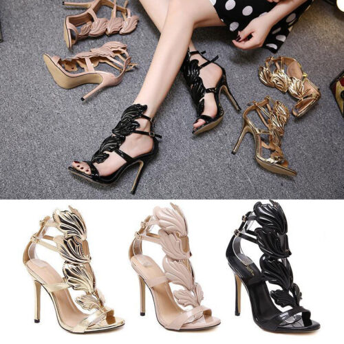 Women's Metal Wings T-Strap Double Ankle Straps Stiletto Buckle Open Toe Sandals - Picture 1 of 17