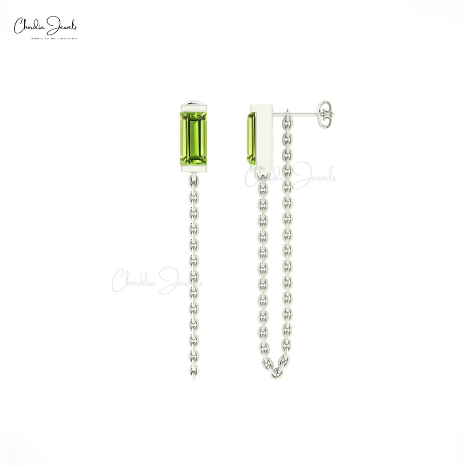 14k Solid Gold Chain Earrings 6x3mm Baguette Peridot Pushback Stud Gift For Her - Image 3 of 4