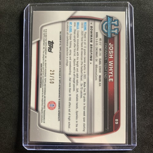 2022-23 Bowman University Chrome Josh Whyle Orange Shimmer Auto 29/50 BEARCATS - Picture 2 of 3