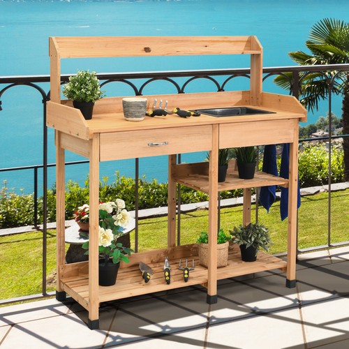 Outdoor Potting Bench Garden Planting Workstation W/Storage Shelf and Hooks - Picture 3 of 11