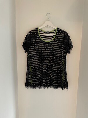 RIANI Sz 16  Black And White Striped Floral Lace Overlay Hardly Worn Top
