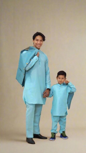 Monochrome Kurta Pajama Set with Waistcoat Sky Blue - Picture 2 of 3