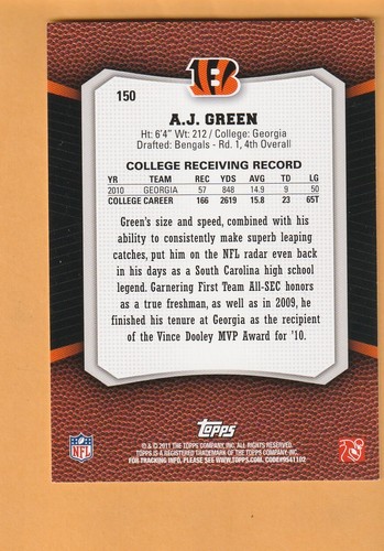 A.J. Green Cincinnati Bengals 2011 Topps Rising Rookies #150 RC Georgia 5C - Picture 2 of 2