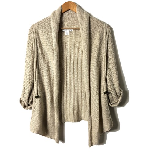Womens Beige Cable Knit Shawl Collar 
