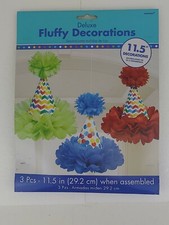 Birthday Cone Hat Deluxe Fluffy Decorations 3 pack 11.5" Red Blue Green