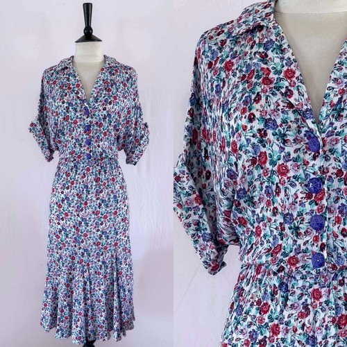 LANDGIRL 1980S DOES 40S VINTAGE WHITE FLORAL CRINKLED TEA DAY DRESS 12-14 M