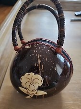 Vintage Real coconut purse appliqued Handcrafted hawaii bead handleZipper Lined