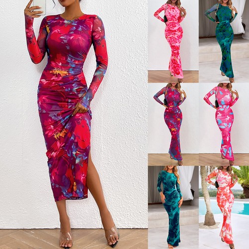 Womens Sexy Floral Long Maxi Dress Ladies Long Sleeve Slim Fit Party Bodycon UK