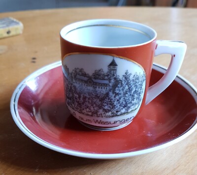 Alte Mokkatasse mit Untertasse Gruß aus Wasungen, Hand Malerei Geiersthal