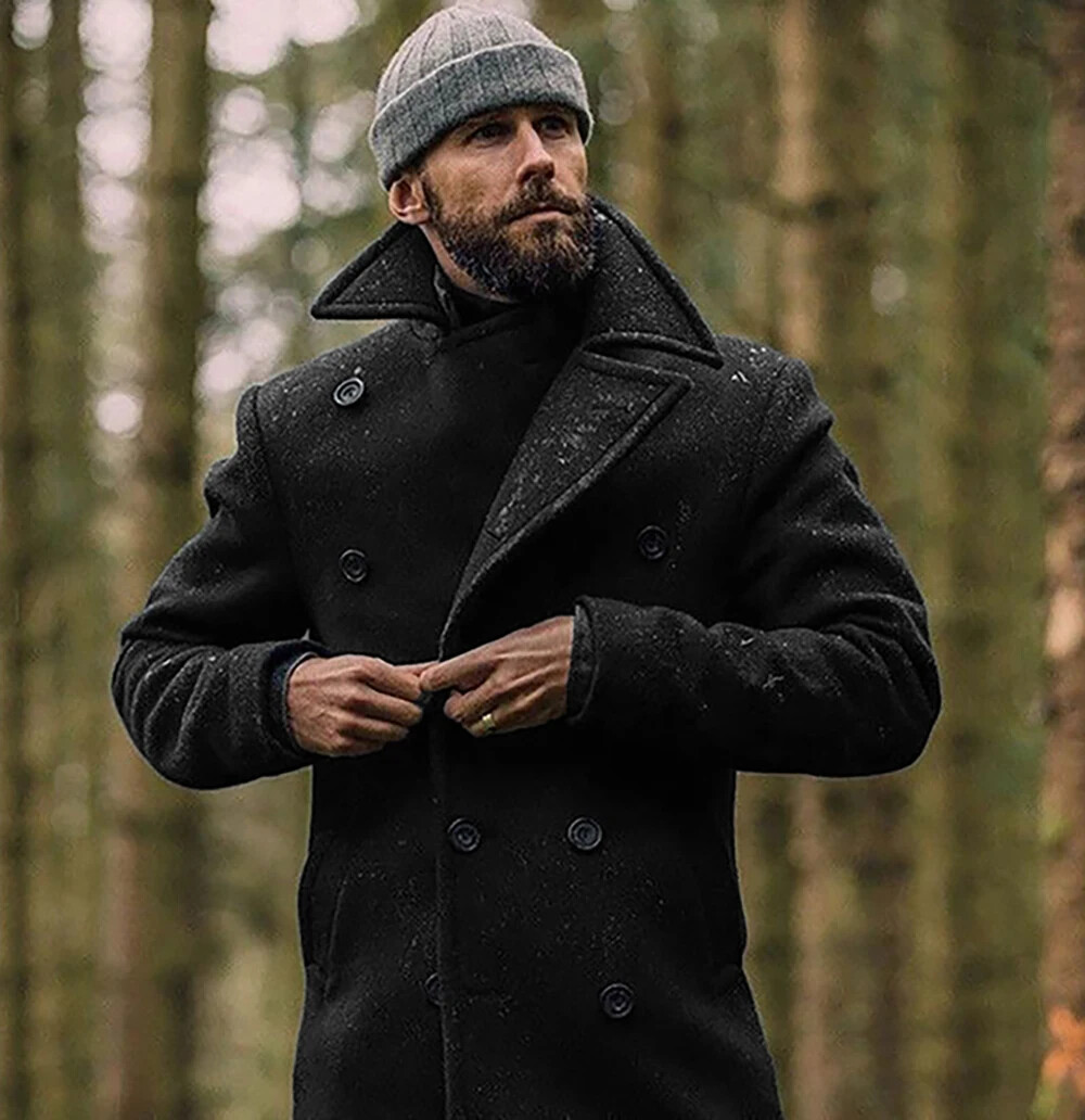 Mens Black Pea Coat 100% Wool Blend Double Breasted button Jacket