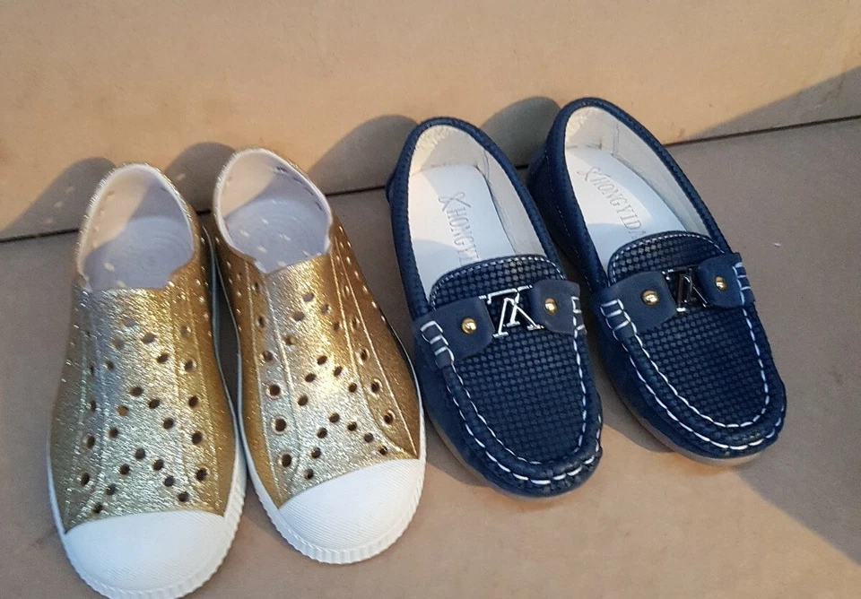 2x New toddler Kid Boy Slip On gold size 9 color  & Loafers, navy Size 29  - Image 3 of 4