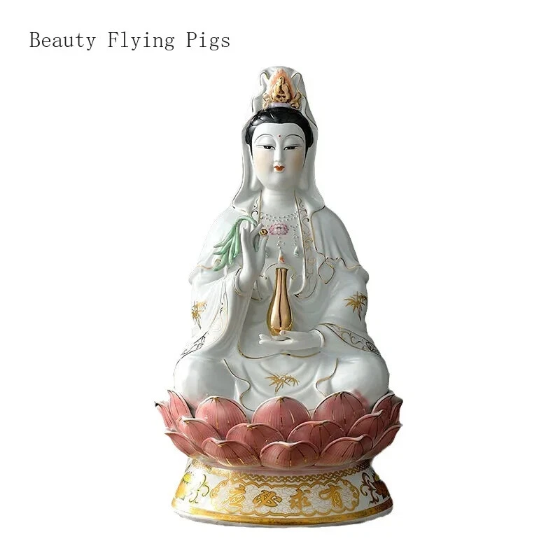 Decoración cerámica creativa clásica con estatua de Buda Guanyin pintada en oro Foto 2 de 4