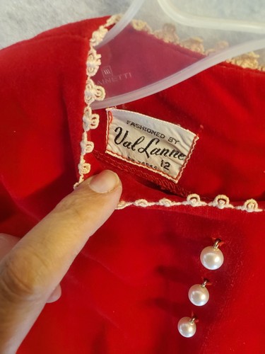 Red Velvet Val Lanne DressVintage 1950s Little Girls Sz: 12 cream trim back zip - Picture 5 of 5
