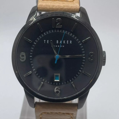 Ted Baker Watch Mens London Date 40mm Case Beige Leather Band Quartz Three Hands