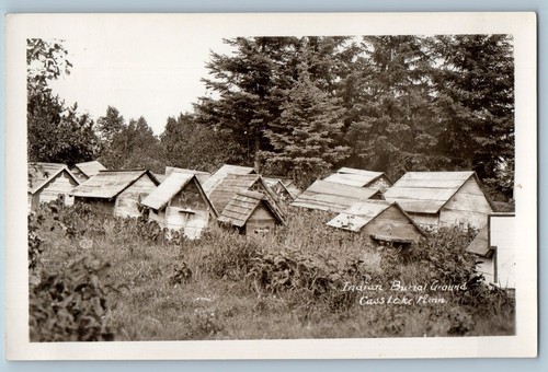 Cass Lake MN Postcard RPPC Photo Indian Burial Ground Log Houses c1950's Vintage