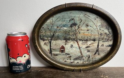 Antique Folk Art Winter Painting Oil On Tin Tray Snow 1920s Primitive Country - Picture 21 of 24
