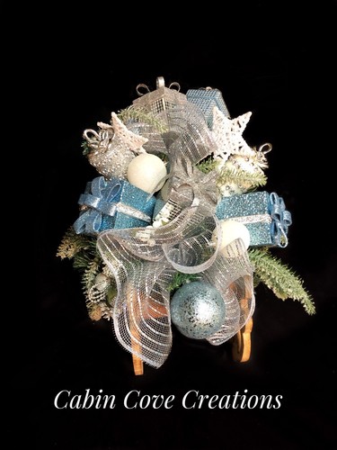 Christmas Sleigh Centerpiece Holiday Floral Arrangement, Ice BLUE Silver White - Picture 7 of 10