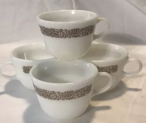 Vtg Pyrex Woodland Brown Floral Milk Glass Coffee/Tea Cups Set of 4 Excellent