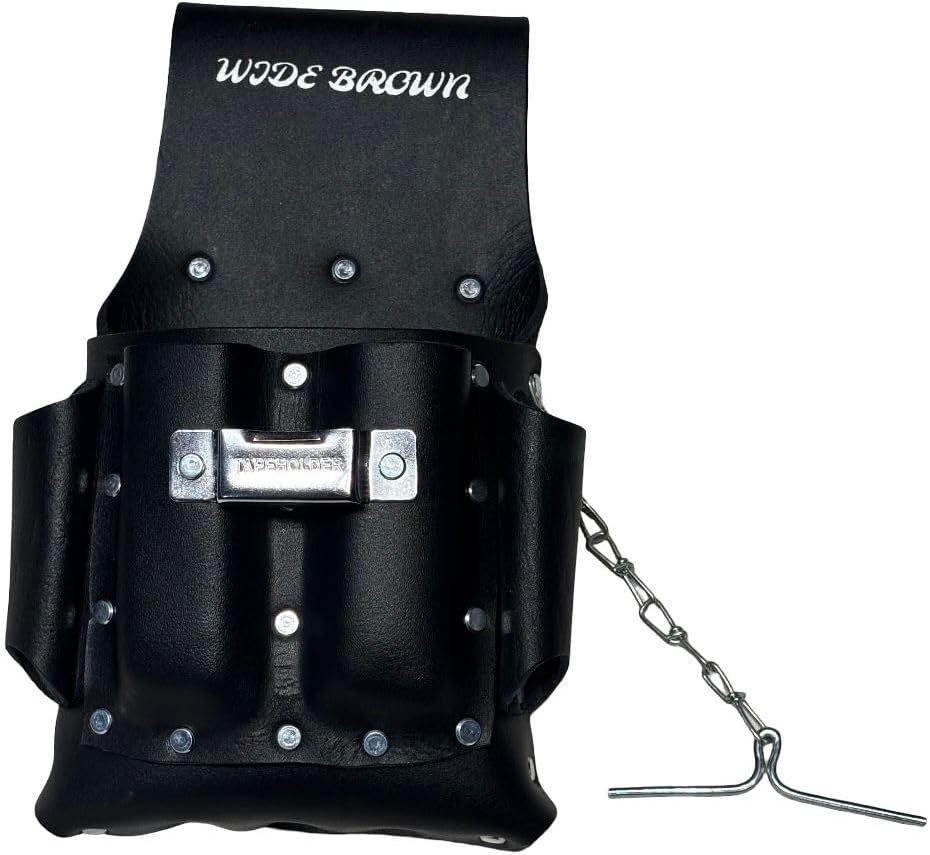 Wide Brown Leather Electrician Tool Pouch, 5 Pocket Design with Tape Holder, Hea