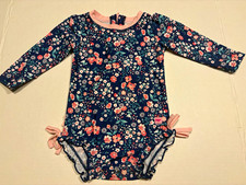 RuffleButts Girls Floral One Piece Long Sleeve Zip Ruffle Bow Swimsuit 12-18M