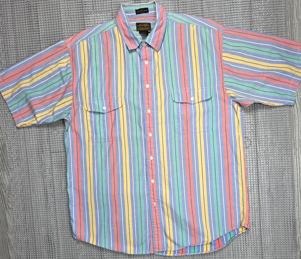 Camisa De Colección Eddie Bauer Rufton Sarga Hombres XL Desvanecida Multicolor Abotonada Manga Corta Foto 2 de 4