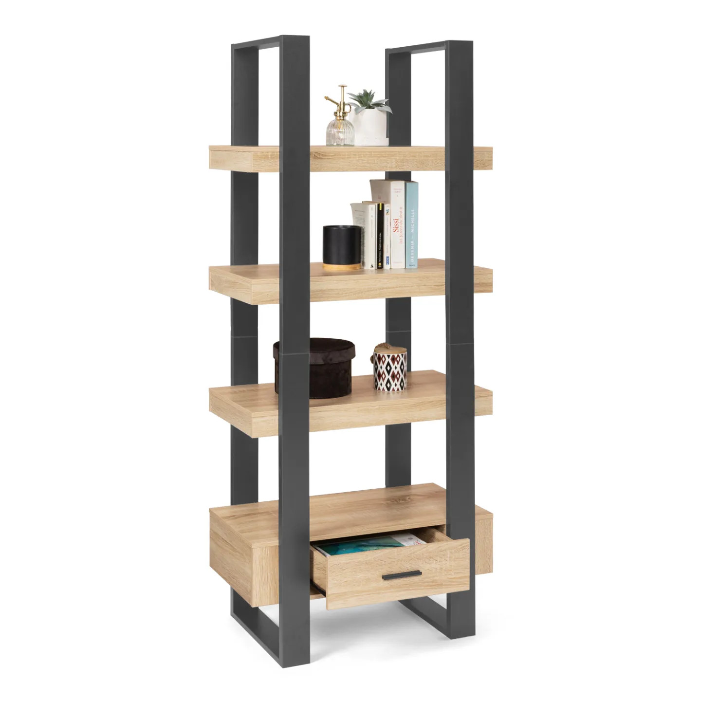 Étagère 4 niveaux bois noir PHOENIX pour optimiser un salon encombré sans perdre de place
