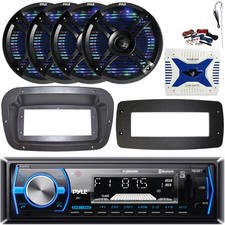 Pyle 1-DIN Marine Receiver W/Kit  Adapter, 4x 6.5" RGB LED Speakers, Amplifier