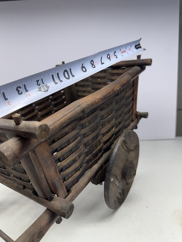 RARE Vintage Primitive Hand-Made Ox Basket-Weave Bamboo Wood Cart Folk Art Decor - Picture 12 of 20