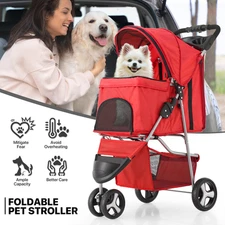 Red Folding Dog Stroller Pet Cat Carrier Cart w/Adjustable Canopy+Storage Basket