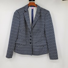 Basler Navy Blue White Geometric Diamond Pattern Blazer Jacket Size 40 Tailored