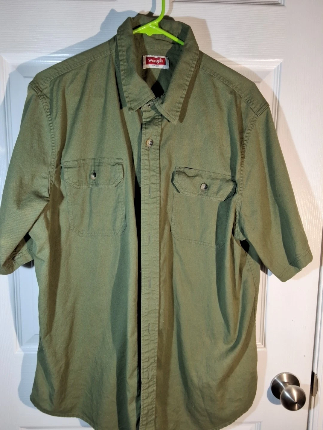 Wrangler Shirt Mens Lg Green Army Long Sleeve Outdoors Front Pockets Med Weight