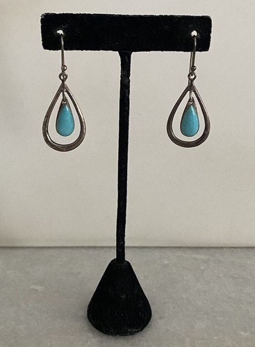 SX Signed Sterling Silver 925 Turquoise Southwestern Style Dangling Earrings - Picture 2 of 9