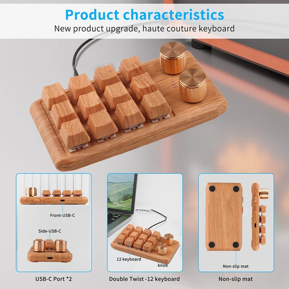 Adjustable Knob Macro Keyboard with 12 Programmable Shortcuts in Brown - Image 3 of 4