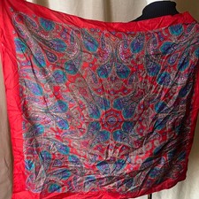 Vintage Red Paisley Silk Scarf 31x32" Square Boho Head Scarf Wrap