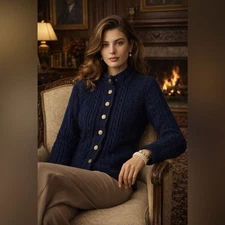 L.L. Bean Cable Knit Button Front Cardigan Sweater MEDIUM Navy Old Money Preppy