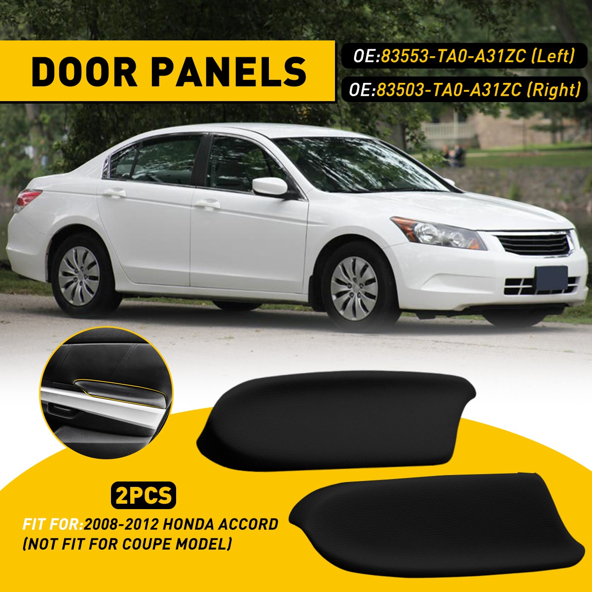 For Accord 2008-2012 Honda Black Leather Front Pair 4 Door Panels Armrest Cover