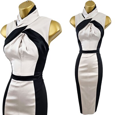 Neu Karen Millen 14 UK champagner schwarz Knoten Ausschnitt maßgeschneidert Satin Bleistiftkleid